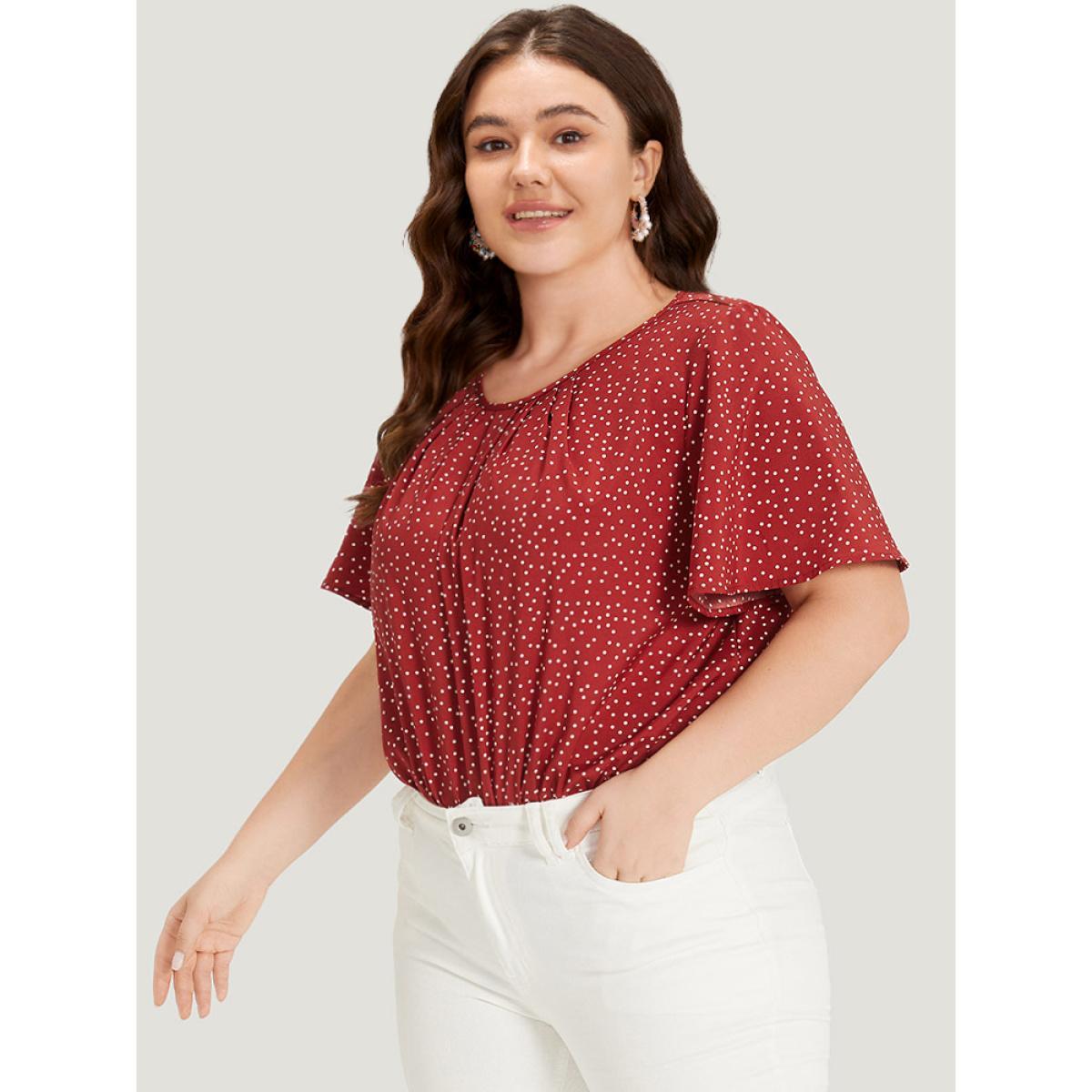 Plus Size Polka Dot Elastic Waist Plicated Detail Ruffle Sleeve Bodysuit Women Red Polka Dot Pleated Bodysuits BloomChic 22-24/3X Product Image