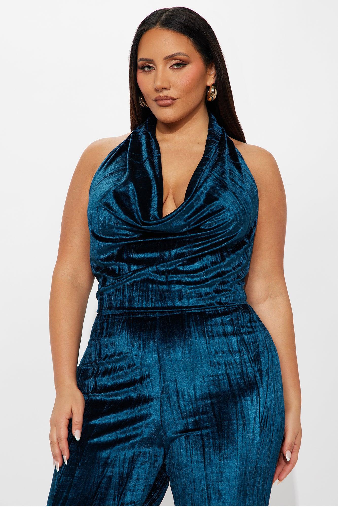 Leah Velvet Halter Flare Leg Jumpsuit - Teal Product Image
