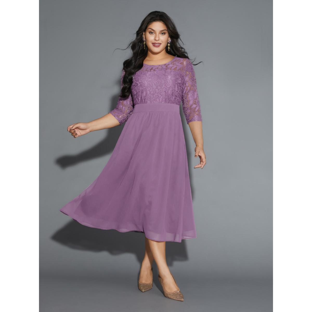 Plus Size Lace Patchwork Shirred Midi Pocket Dress Lavender Women Cocktail Woven ribbon&lace trim Round Neck Elbow-length sleeve Curvy BloomChic 26/4X Product Image