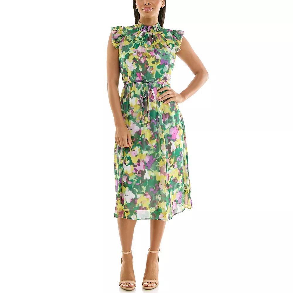 Womens Nina Leonard Smocked Flutter Sleeve Print Dress Product Image