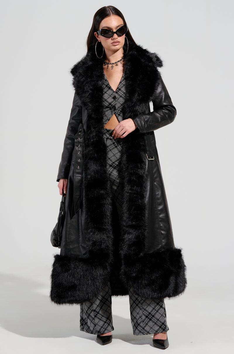 VIVAN LONG PU TRENCH WITH FAUX FUR TRIM Product Image
