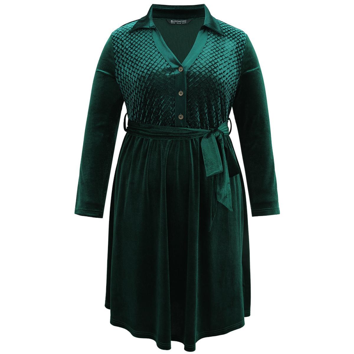 Plus Size Plain Texture Velvet Button Up Belted Dress DarkGreen Women Elegant Velvet Notched collar Long Sleeve Curvy Midi Dress BloomChic 14-16/1X Product Image