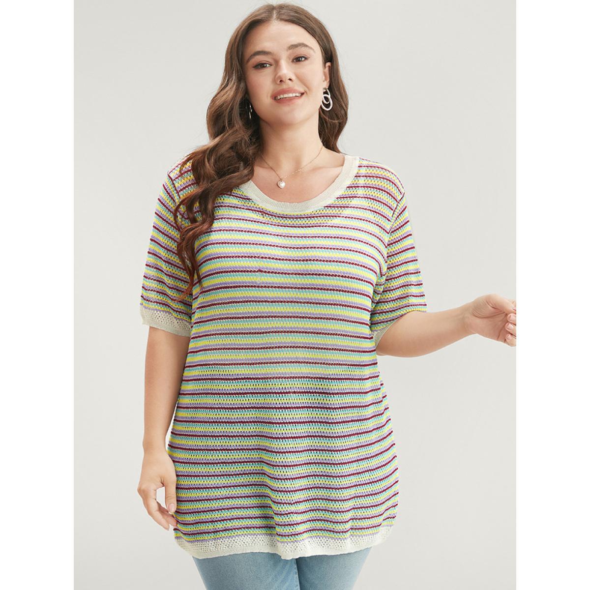 Plus Size Striped Contrast Round Neck Knit Top Multicolor Women Vacation Short sleeve Round Neck Dailywear Pullovers BloomChic 12/L Product Image
