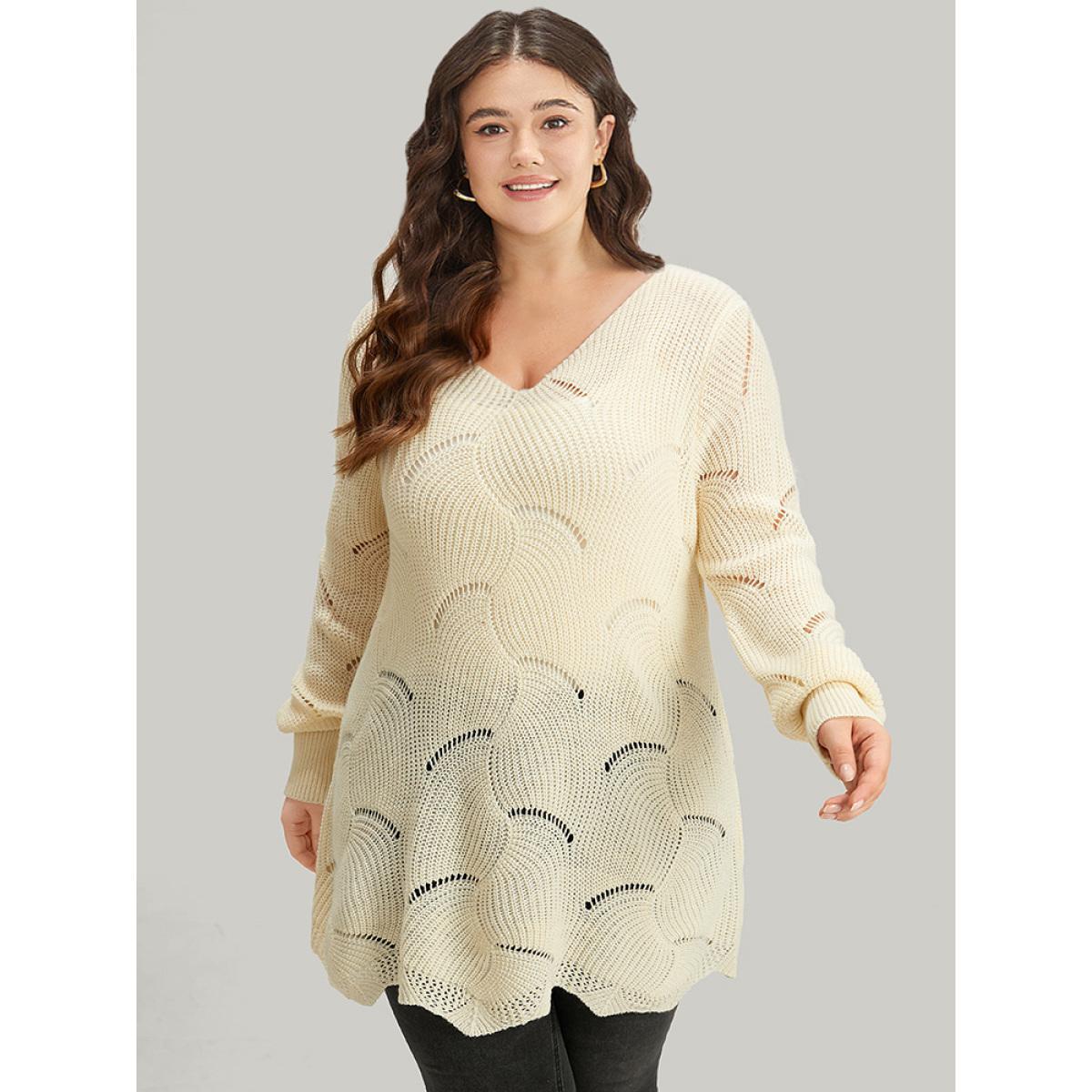 Plus Size Hollow Out Asymmetrical Hem Pullover Apricot Women Casual Loose Long Sleeve V-neck Dailywear Pullovers BloomChic 10/M Product Image