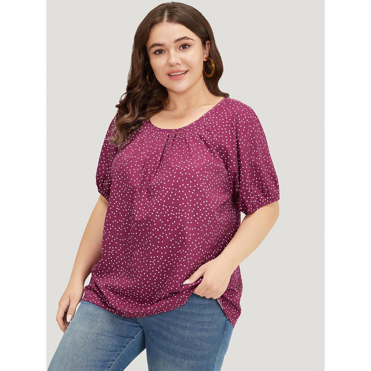 Plus Size RedViolet Polka Dot Pleated Round Neck Puff Sleeve Blouse Women Office Short sleeve Round Neck Work Blouses BloomChic 28/5X Product Image