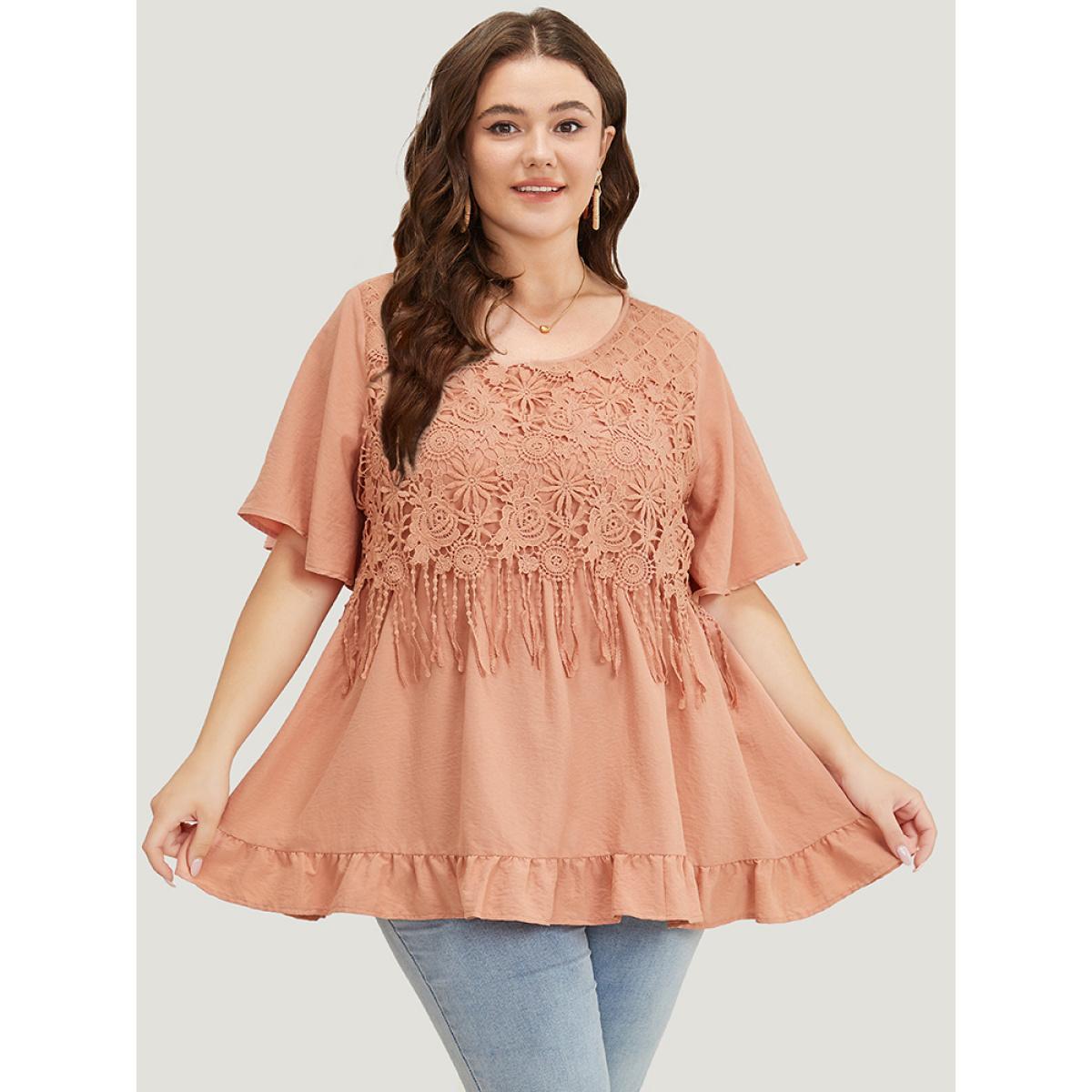 Plus Size Coral Solid Contrast Lace Fringe Trim Flutter Hem Blouse Women Vacation Short sleeve Round Neck Dailywear Blouses BloomChic 12/L Product Image