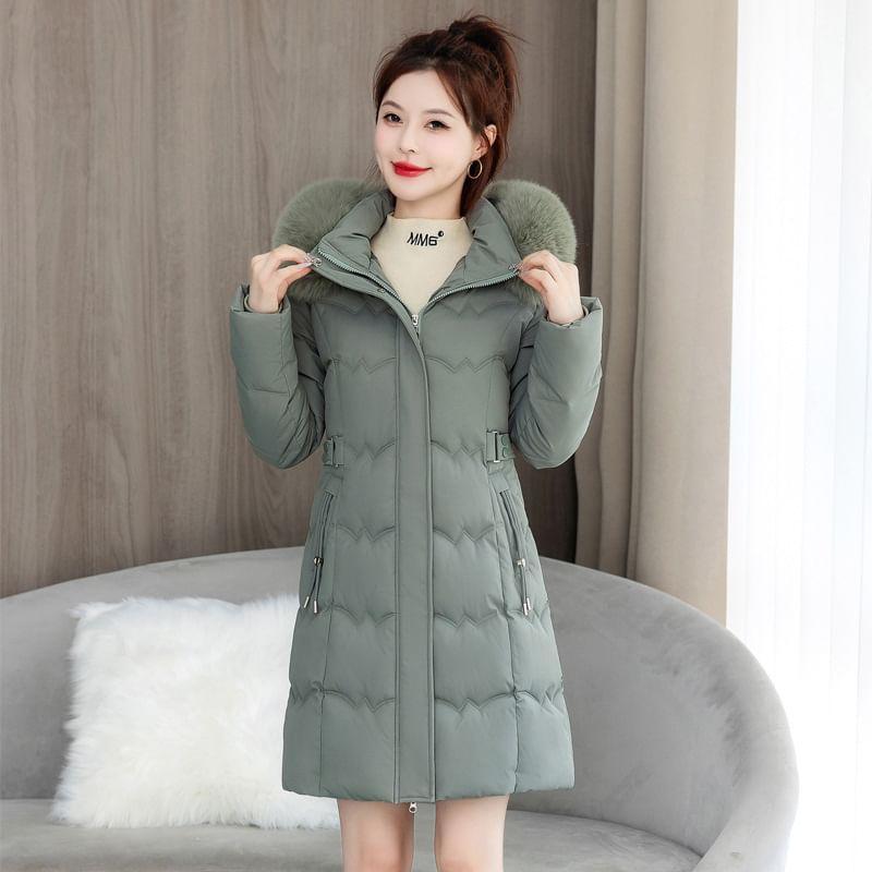 Furry Trim Hooded Zip-Up Long Parka Product Image