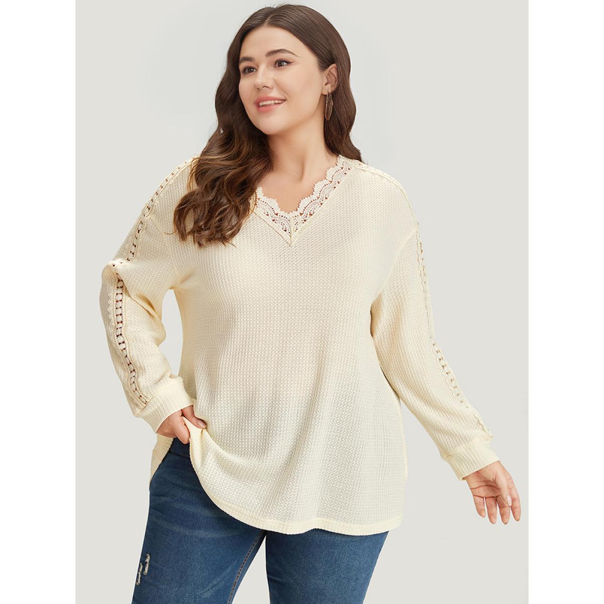 Plus Size Solid Crochet Lace V Neck Sweatshirt Women Ivory Elegant Lace V-neck Dailywear Sweatshirts BloomChic 14-16/1X Product Image