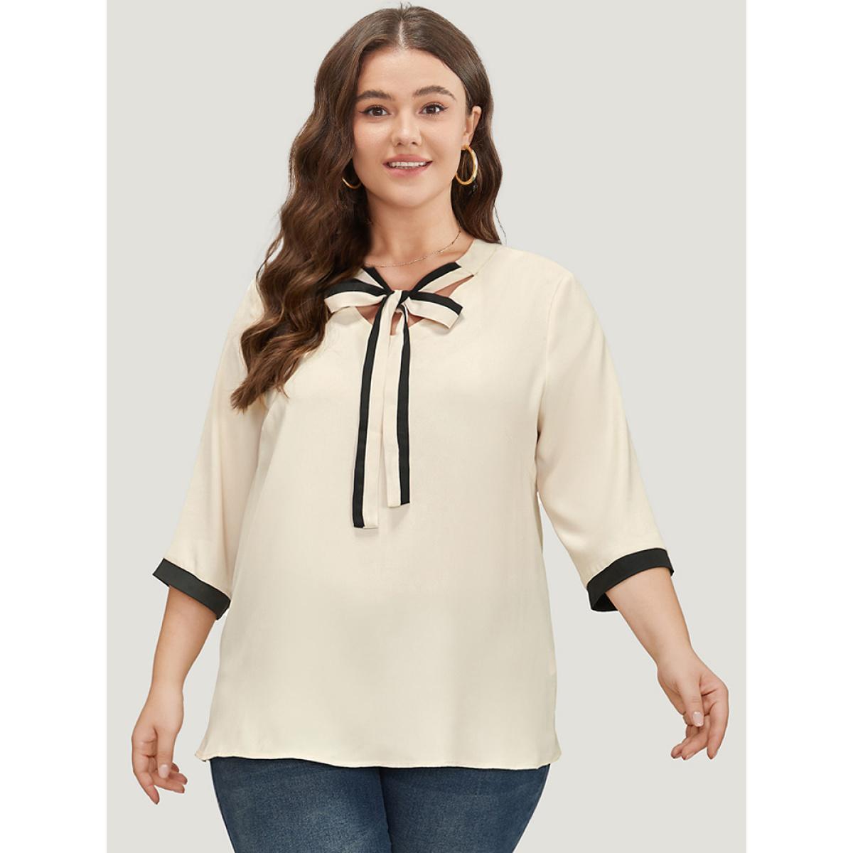 Plus Size Ivory Contrast Trim Knot Neck Blouse Women Office Elbow-length sleeve Tie Neck Work Blouses BloomChic 18-20/2X Product Image