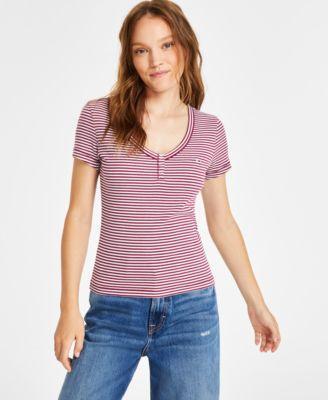 Tommy Jeans Womens Striped Slim-Fit Henley Top - VALLEY GRAPE Product Image