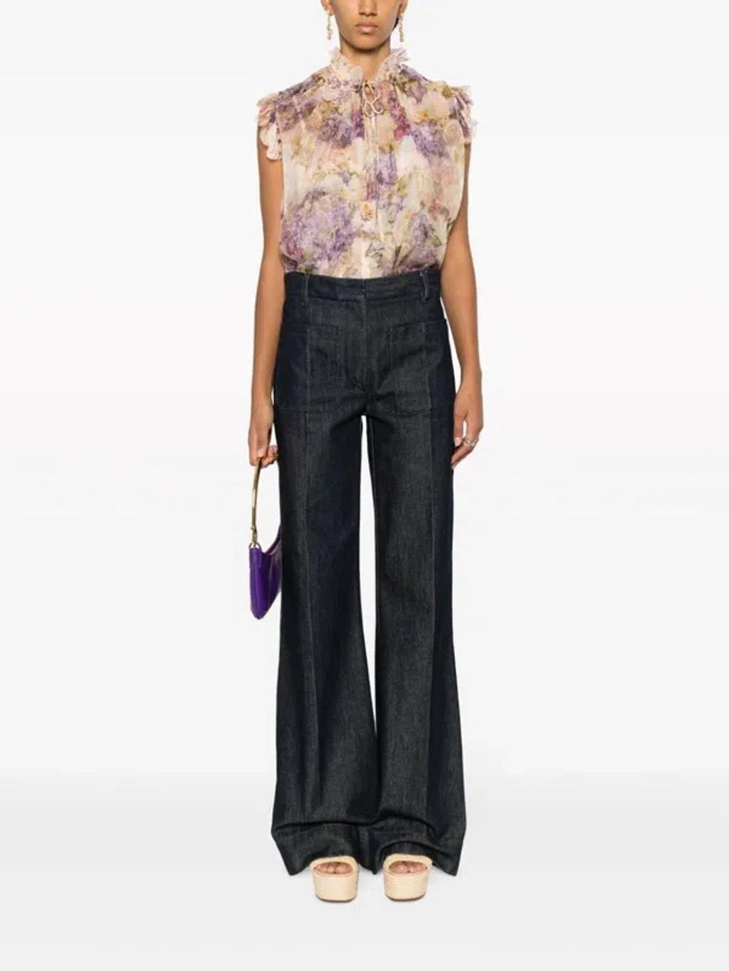 ZIMMERMANN Silk Floral Top Ruffled V-neck In Multicolor Product Image