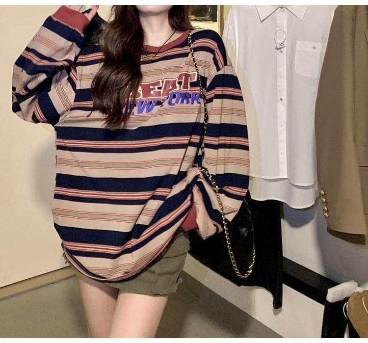 Long-Sleeve Crew Neck Striped Lettering T-Shirt Product Image