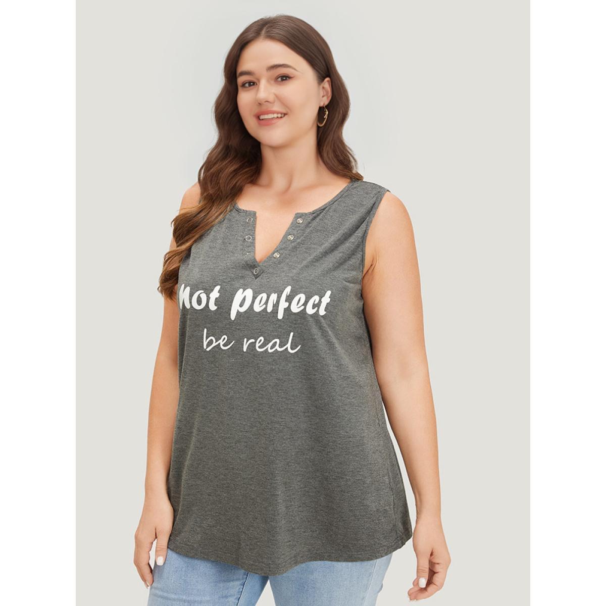 Plus Size Letter Print Button Notched Tank Top Women DarkGray Casual Printed Dailywear Tank Tops Camis BloomChic 28/5X Product Image