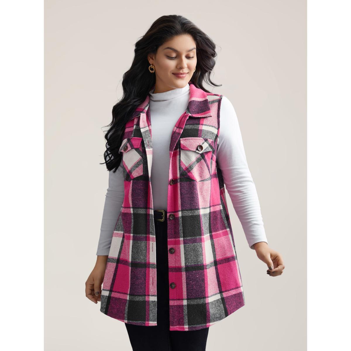 Plus Size Plaid Flap Detail Sleeveless Jacket Women Rosered Button Side seam pocket Everyday Jackets BloomChic 30/6X Product Image