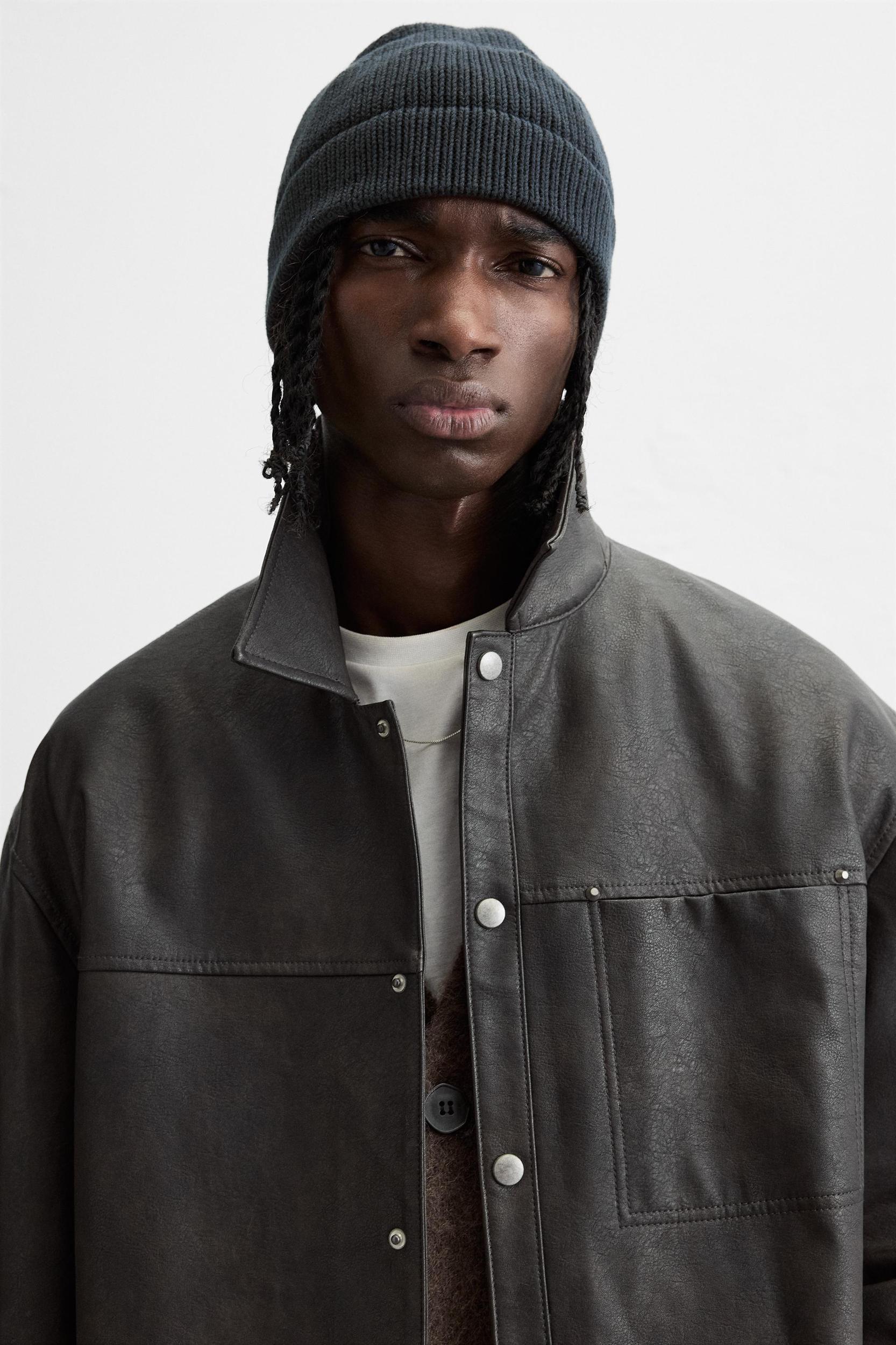 WASHED FAUX LEATHER OVERSHIRT Product Image