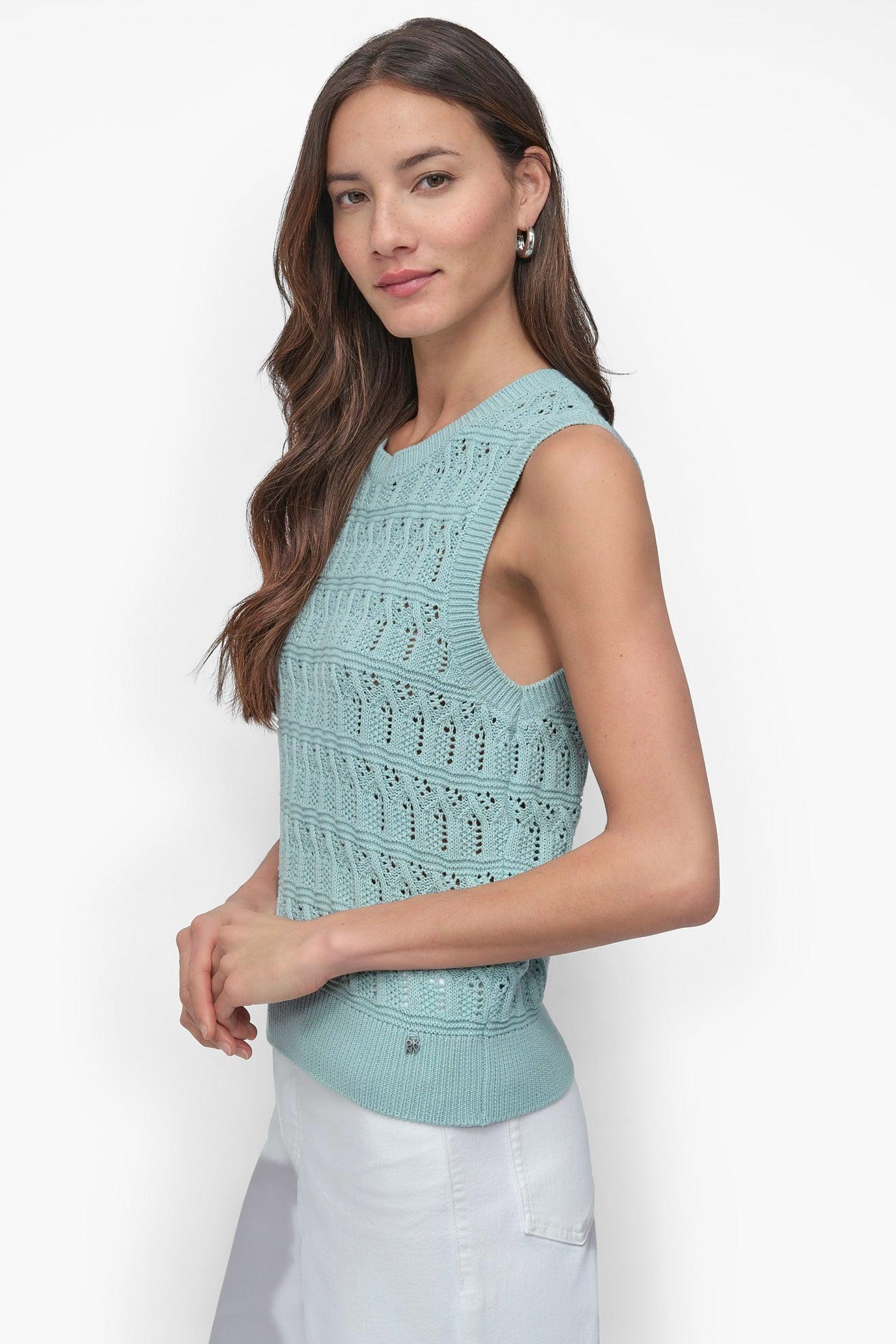 COTTON SLEEVLESS LACEY STITCH CREW NECK Product Image