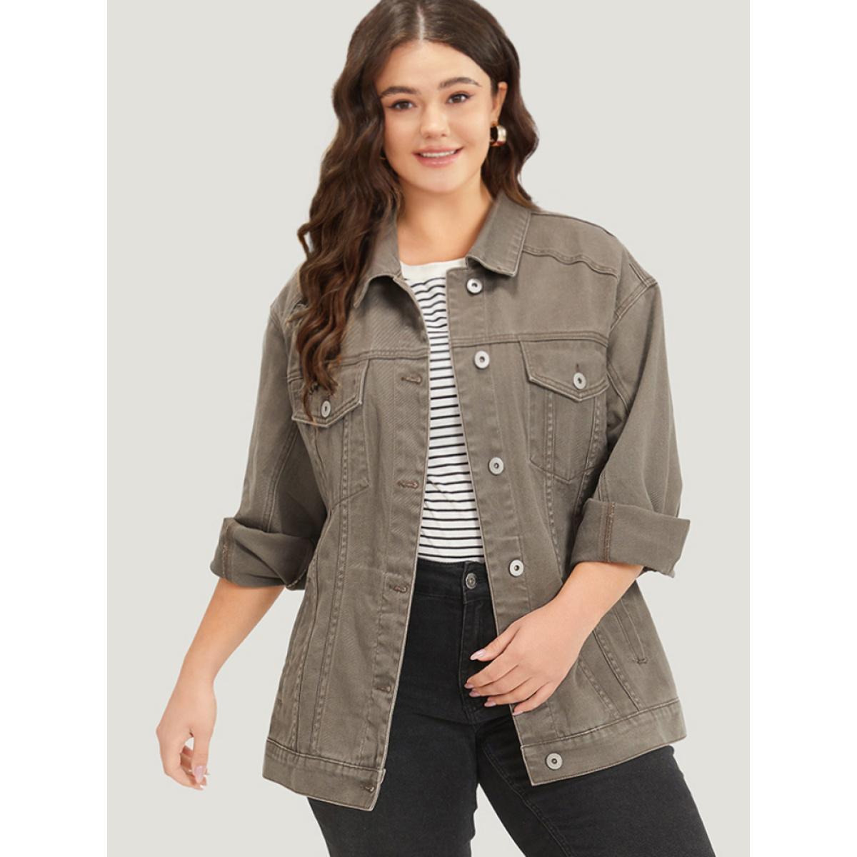 Women Solid Denim Button Fly Flap Pocket Light Wash Jacket LightBrown Plus Size Plain Button Everyday Pocket Casual Denim Jackets BloomChic 22-24/3X Product Image
