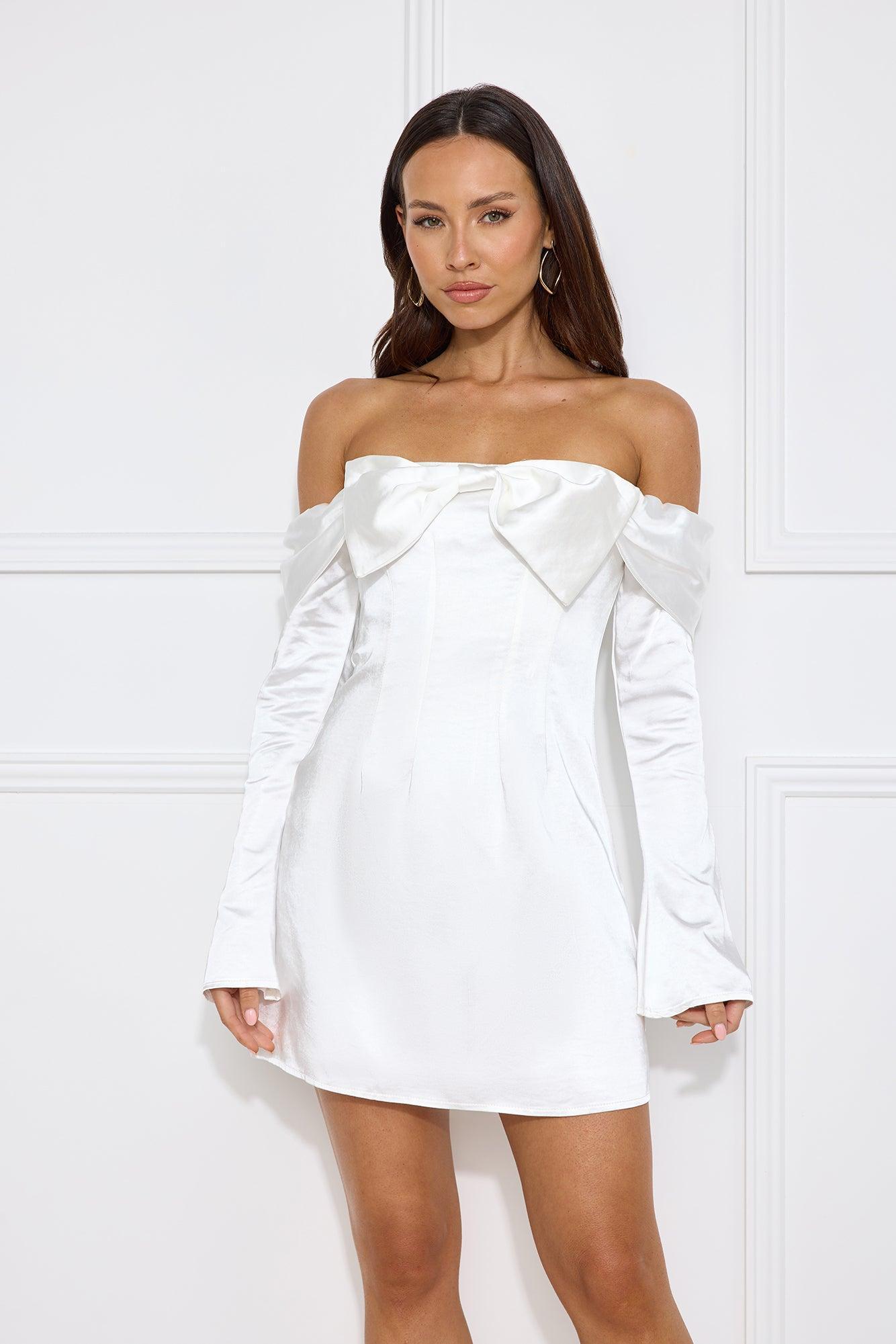 Delicacy Bow Satin Off Shoulder Mini Dress White Product Image