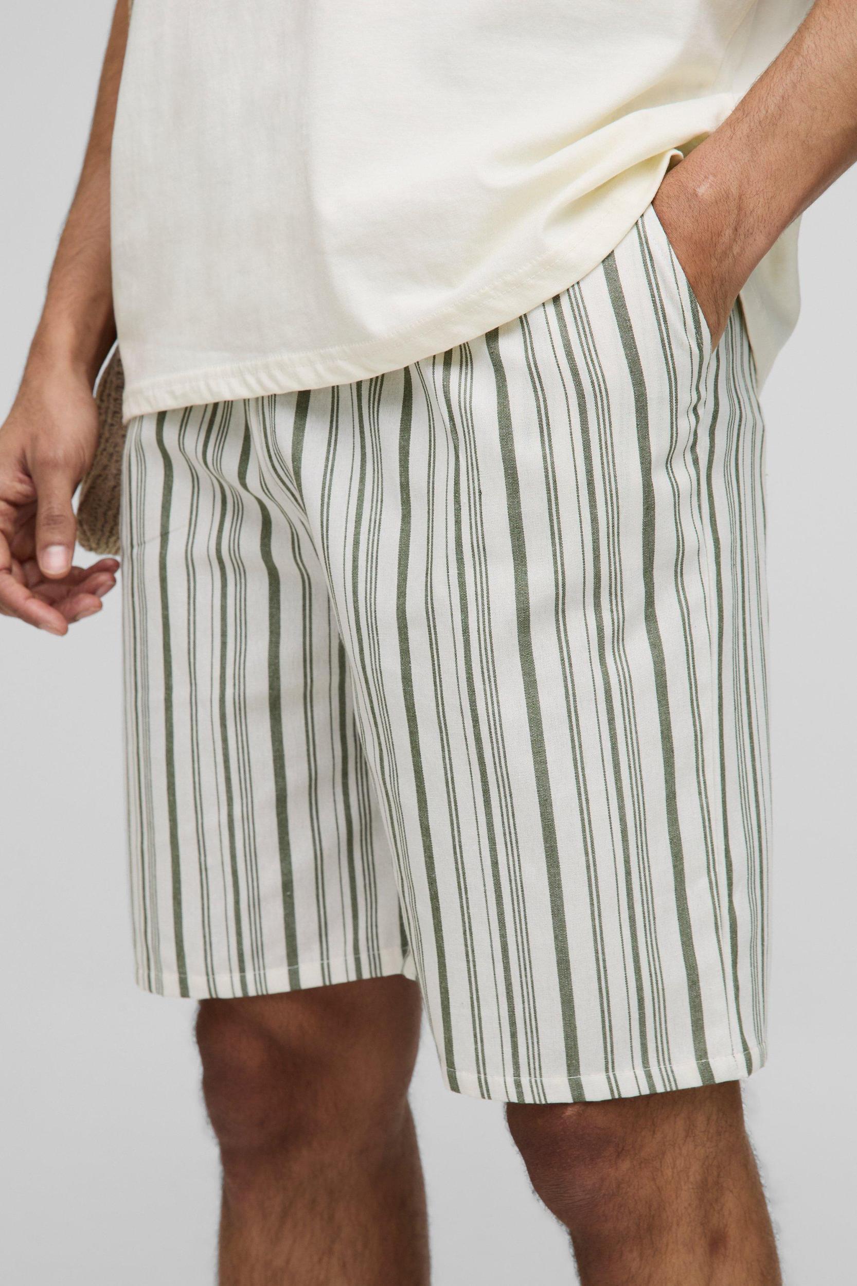 Elasticated Waist Relaxed Short Length Striped Linen Look Shorts | boohooMAN USA Product Image