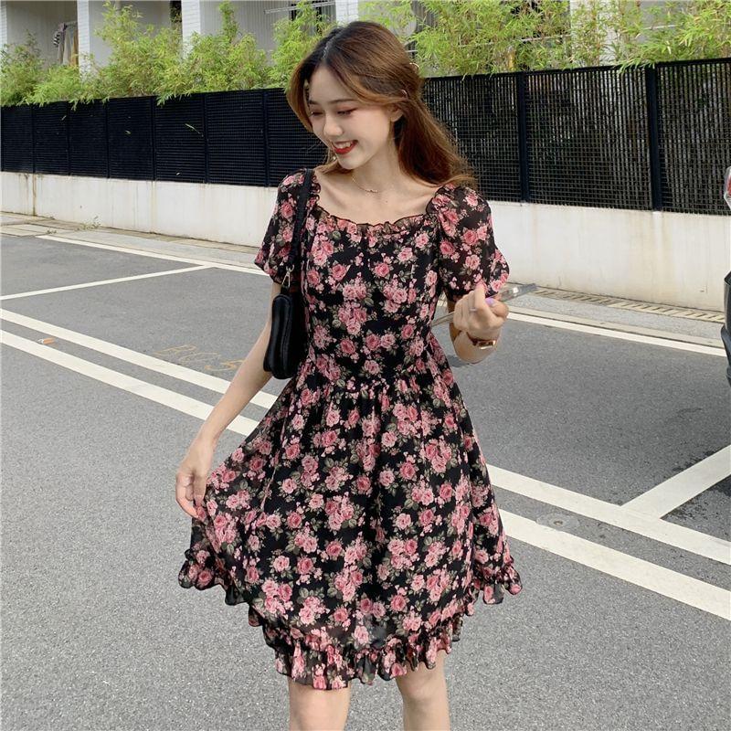 Puff-Sleeve Floral A-Line Dress Product Image