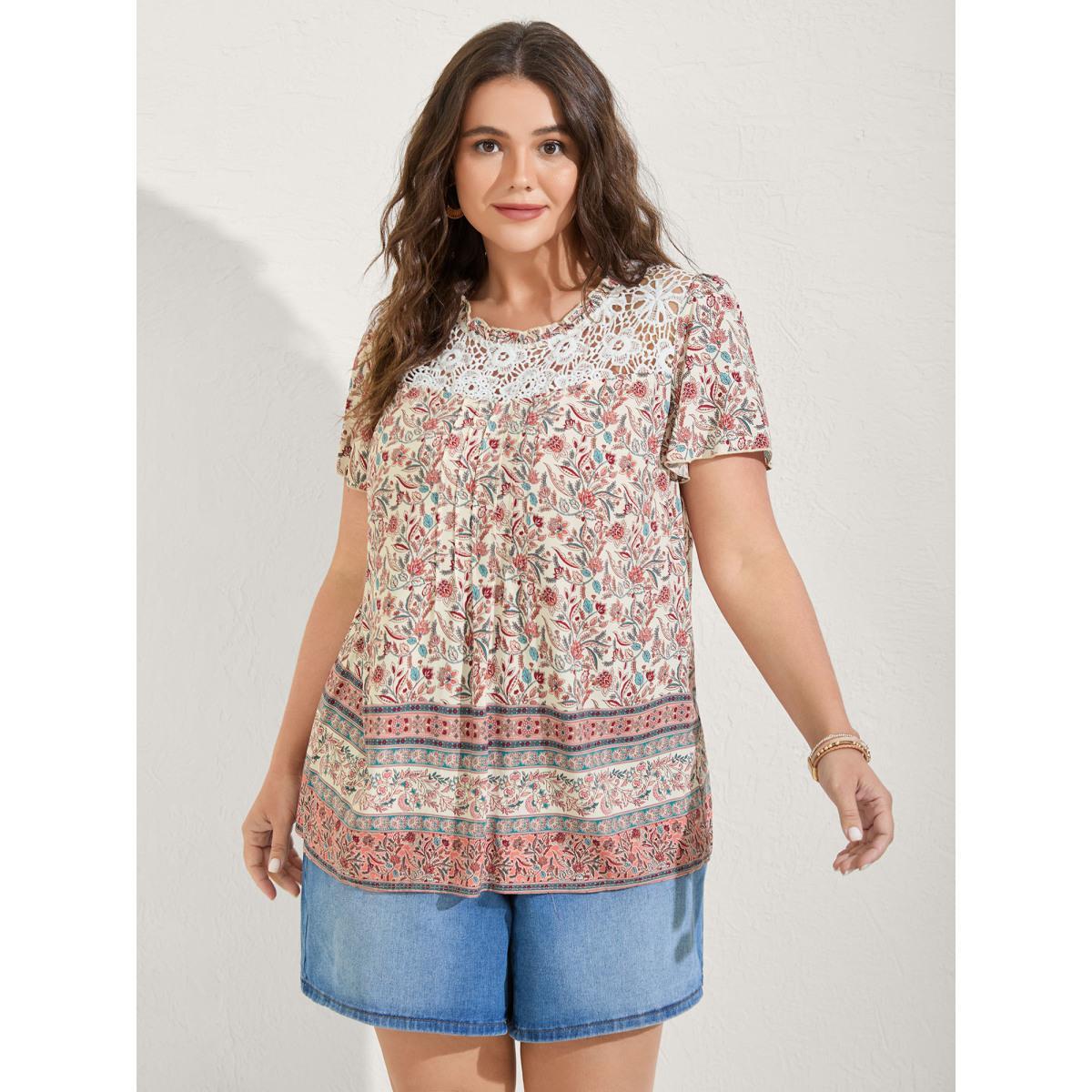 Plus Size Multicolor Sheer Lace Ruffled Neck Floral Blouse Women Short sleeve Round Neck Vacation Blouses BloomChic 12/L Product Image