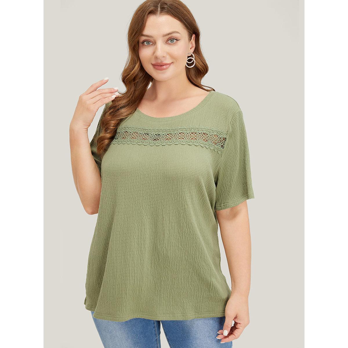 Plus Size Plain Textured Contrast Lace Crew Neck T-shirt Sage Women Elegant Plain Round Neck Dailywear T-shirts BloomChic 14-16/1X Product Image