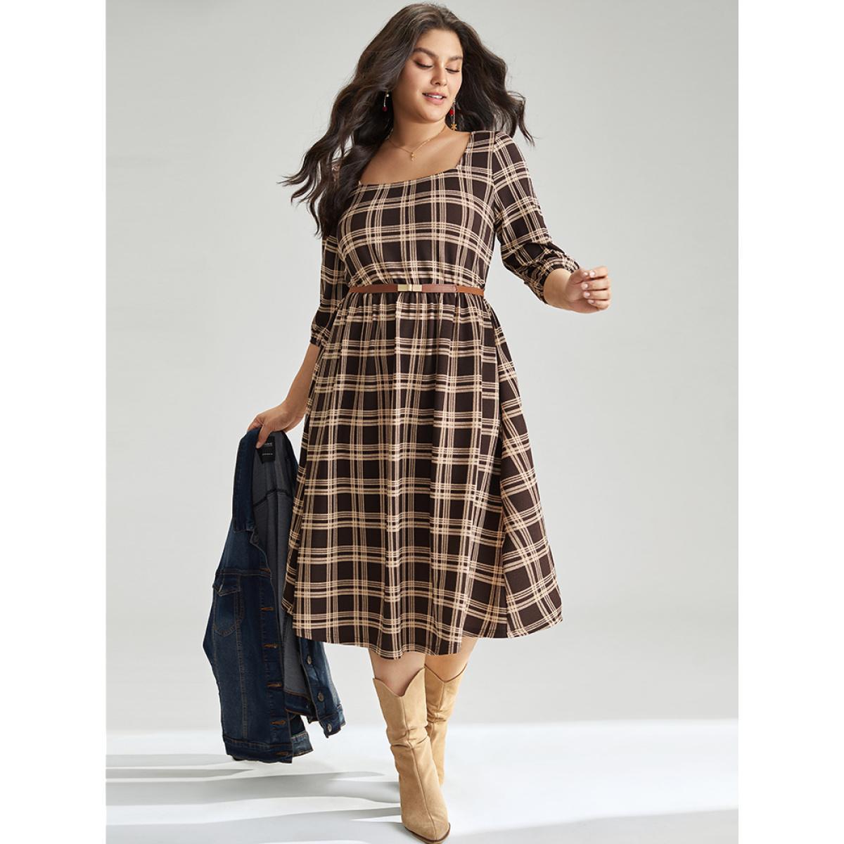 Plus Size Plaid Pocket Elastic Waist Square Neck Lantern Sleeve Dress DarkBrown Women Casual Elastic cuffs Square Neck Elbow-length sleeve Curvy Midi Dress BloomChic 10/M Product Image