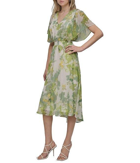 DKNY by Donna Karan Petite Size V-Neck Short Flutter Sleeve Smocked A-Line Midi Dress Product Image