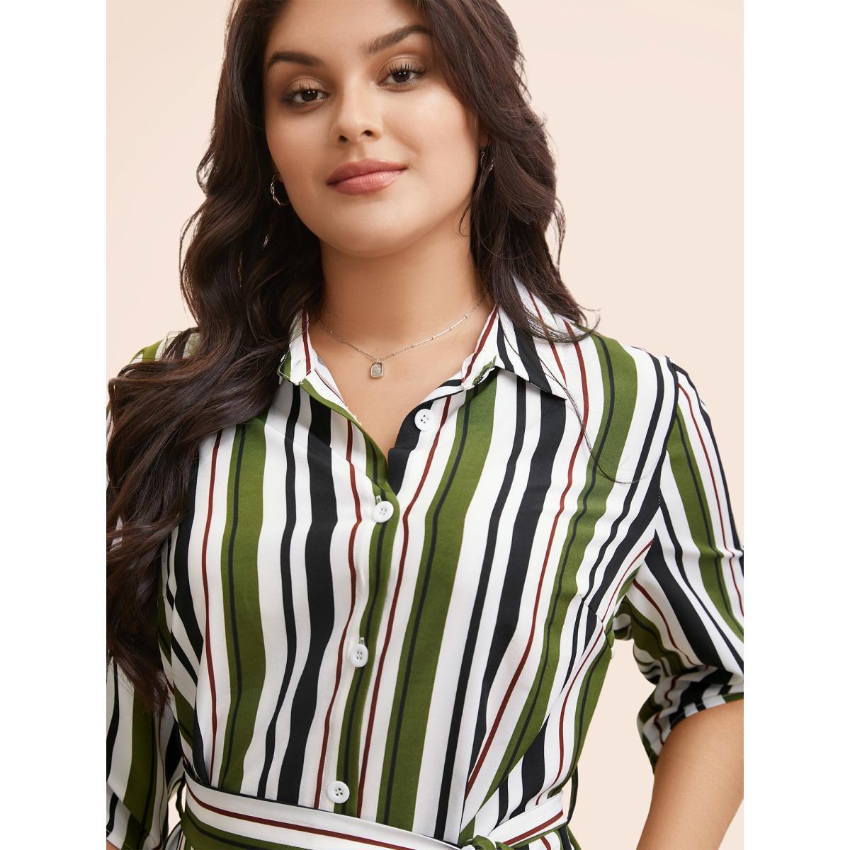 Plus Size Striped Tab Sleeve Arc Hem Dress Multicolor Women Workwear Essentials Belted Shirt collar Elbow-length sleeve Curvy BloomChic 10/M Product Image