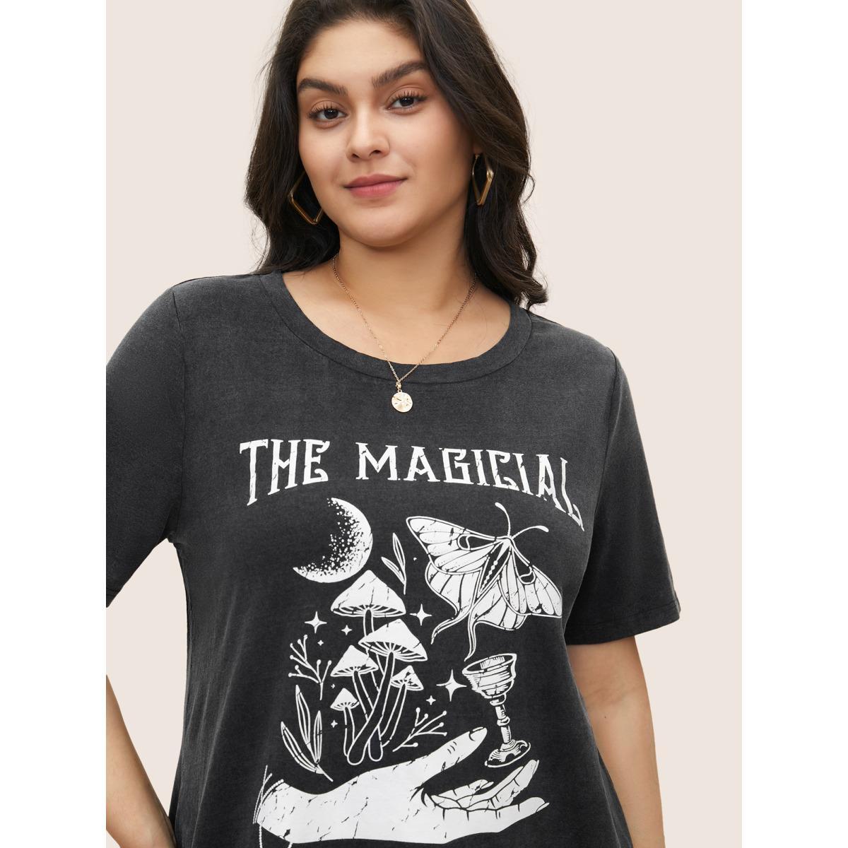 Plus Size Horoscope Print Vintage Round Neck T-shirt Black Women Casual Non Tarot elements Everyday T-shirts BloomChic 30/6X Product Image