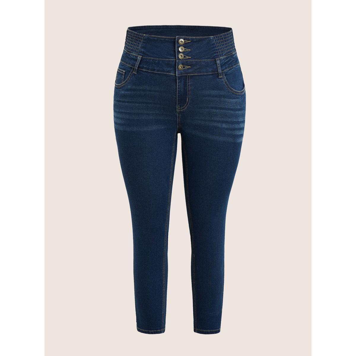 Plus Size Buckle Detail Shirred High Rise Jeans Women Indigo Casual Plain Non High stretch Slanted pocket Jeans BloomChic 10/M Product Image