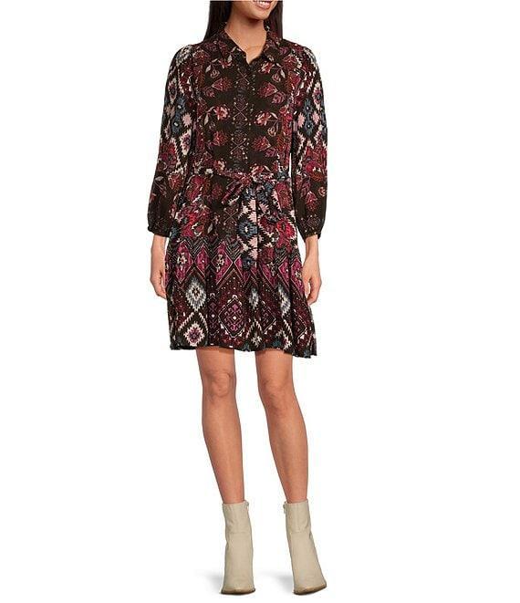 Skies Are Blue Border Print Banded Collar Neck Long Sleeve Waist Tie Mini Dress Product Image