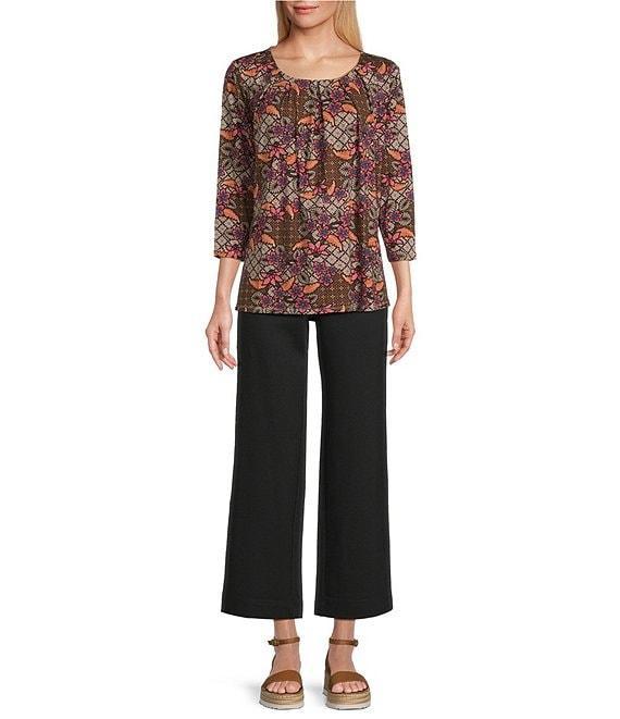 Intro Petite Size Knit Jersey Beaujolais Floral Batik Print 3/4 Sleeve Pleated Neck Tee Product Image