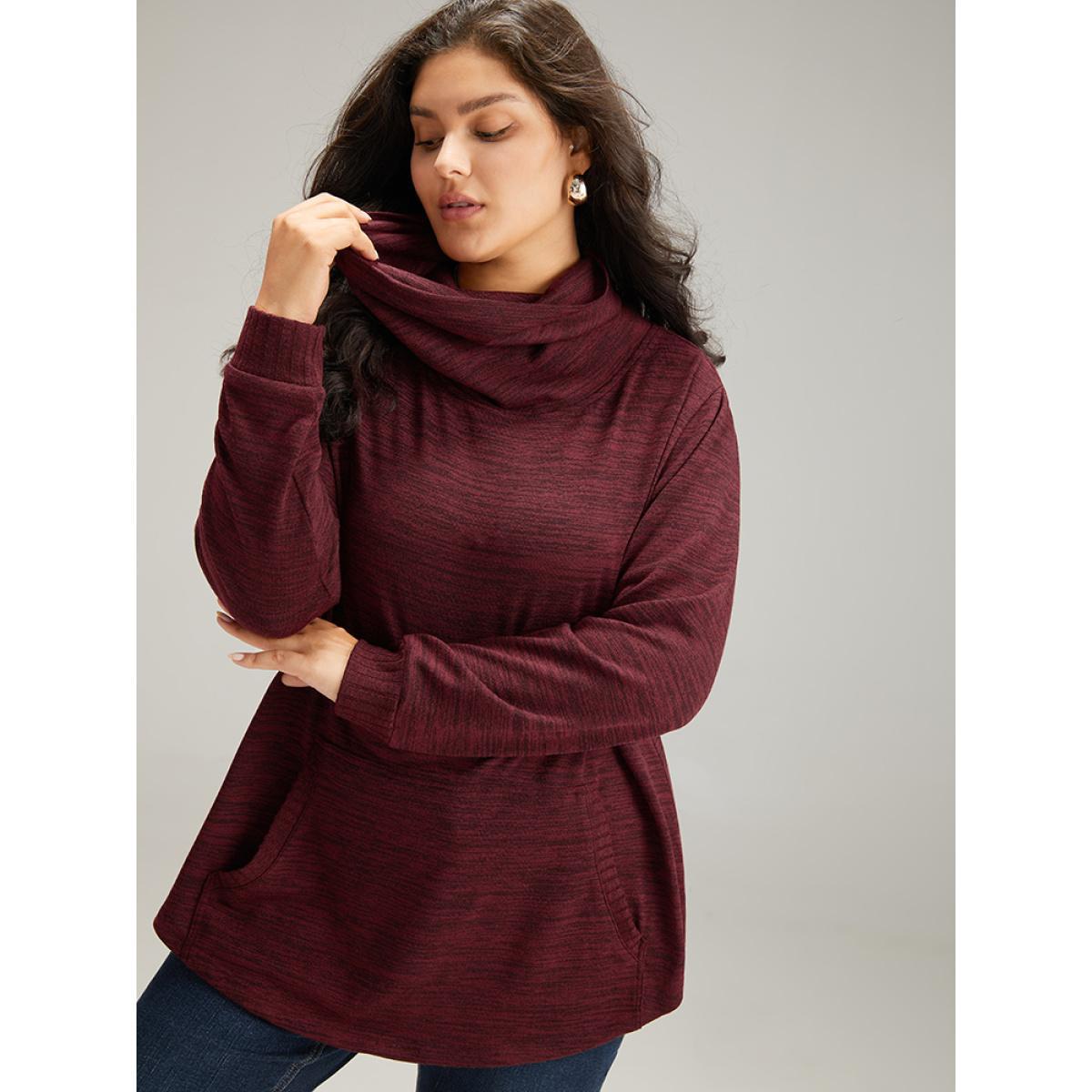 Plus Size Plain Turtleneck Pocket Heather Sweatshirt Women Burgundy Elegant Plain Turtleneck Dailywear Sweatshirts BloomChic 22-24/3X Product Image