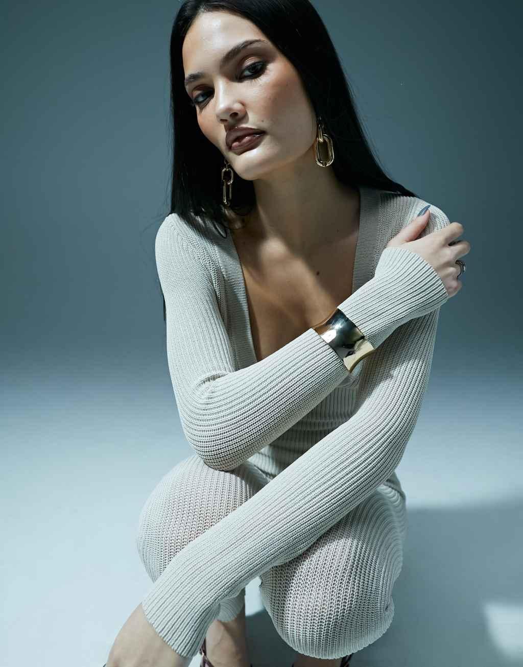 Murci knit deep plunge scoop neck unitard in stone Product Image