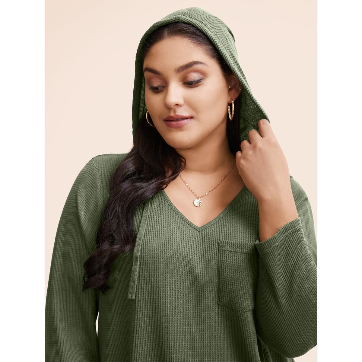 Plus Size Waffle Knit Pocket Hooded Drawstring Arc Hem T-shirt Green Women Casual Texture Plain Hooded Everyday T-shirts BloomChic 22-24/3X Product Image