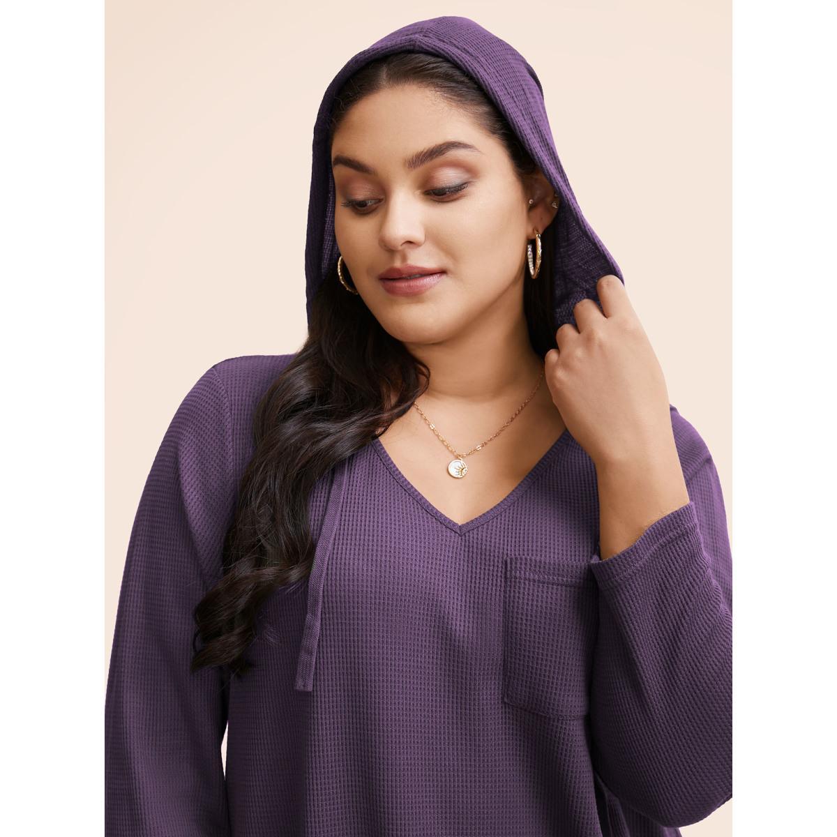 Plus Size Waffle Knit Pocket Hooded Drawstring Arc Hem T-shirt Teal Women Casual Texture Plain Hooded Everyday T-shirts BloomChic 14-16/1X Product Image