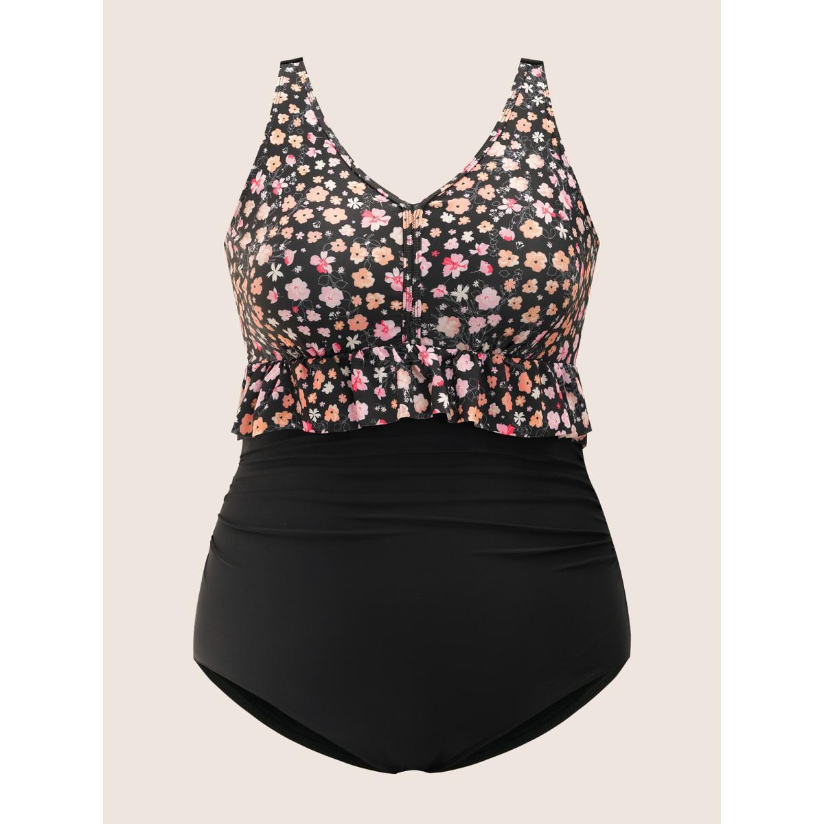 Plus Size Ditsy Floral Patchwork Ruffle Trim One Piece Swimsuit Women's Swimwear Black Beach Gathered Curve Bathing Suits High stretch One Pieces BloomChic 22-24/3X Product Image
