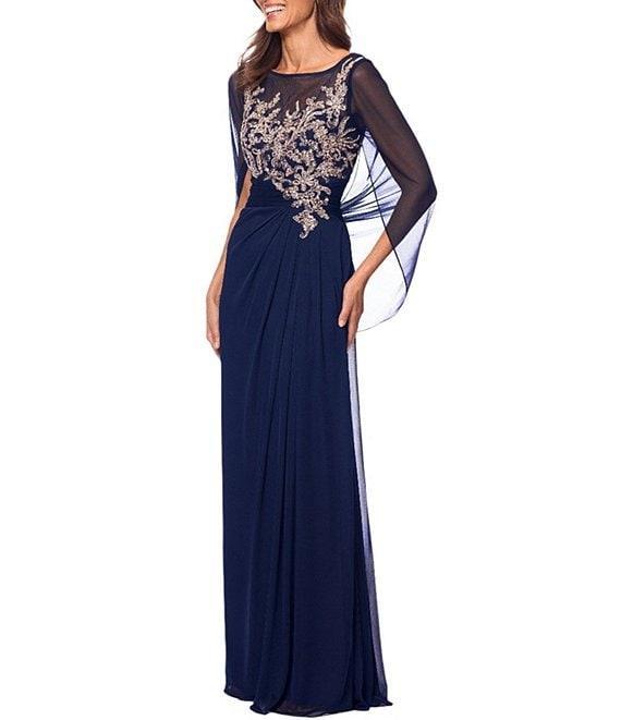 Betsy & Adam Sheer Matte Jersey Boat Neck Short Sleeve Beaded Back Cape Sheath Dress Product Image
