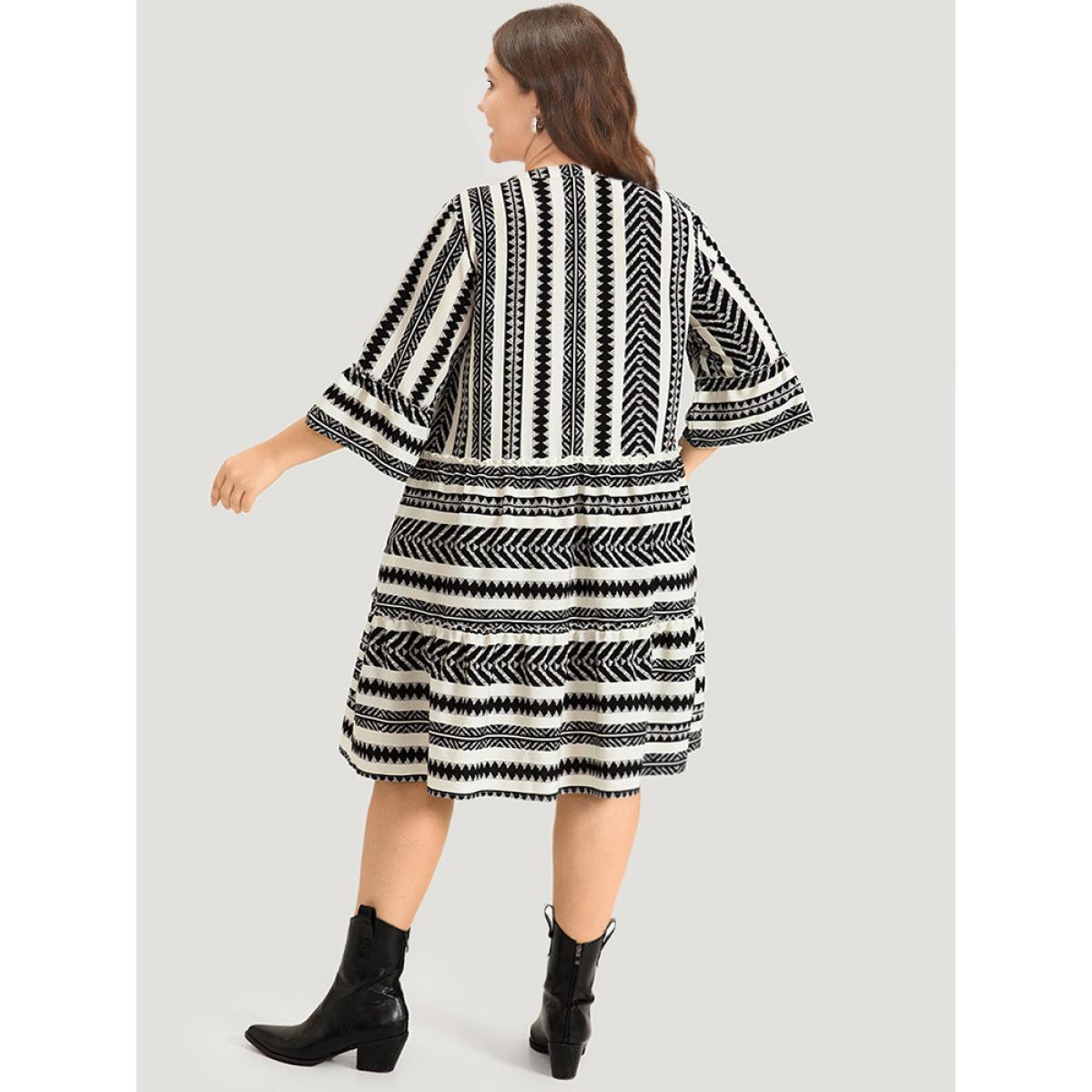 Plus Size Bandana Striped Pocket Button Detail Notched Patchwork Dress White Women Vacation Printed V-neck Elbow-length sleeve Curvy Midi Dress BloomChic 12/L Product Image