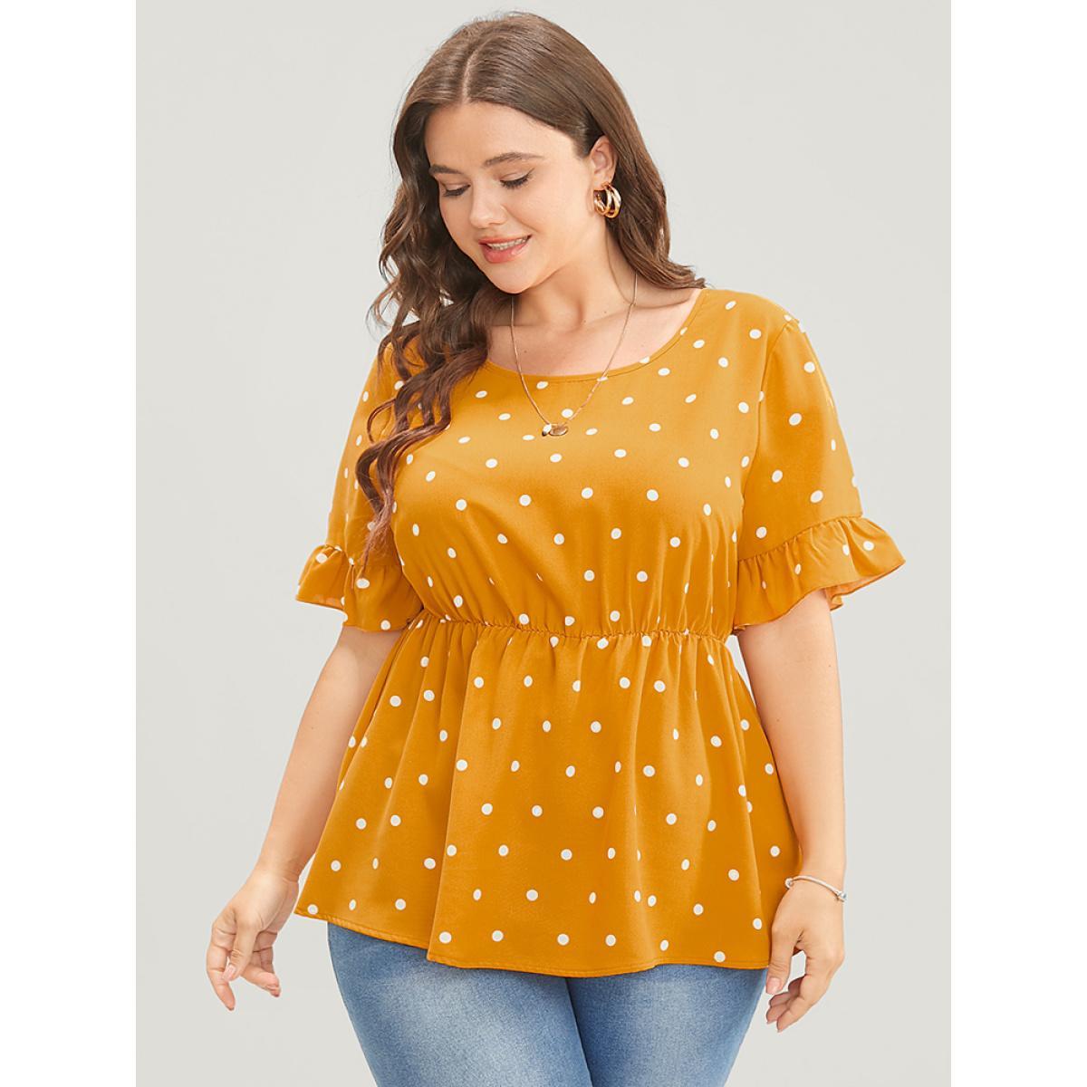 Plus Size Orange Polka Dot Crisscross Back Ruffles Trim T-shirt Women Elegant Short sleeve Round Neck Dailywear Blouses BloomChic 14-16/1X Product Image