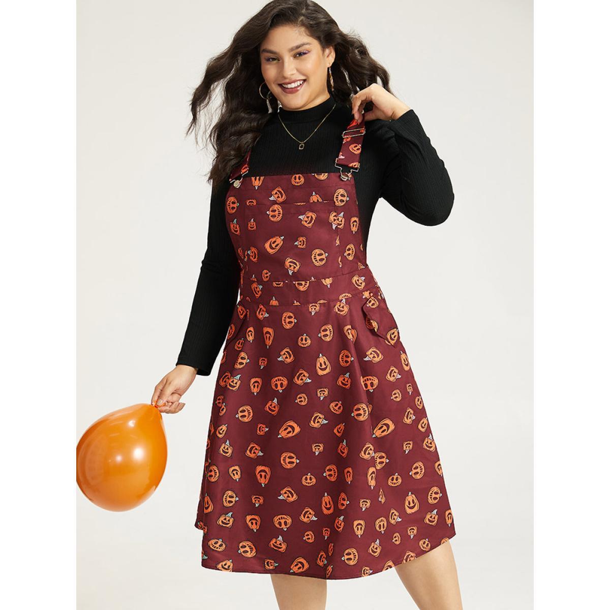 Plus Size Halloween Pocket Pumpkin Print Overall Cami Dress Purple Women Casual Adjustable Straps Spaghetti Strap Sleeveless Curvy Midi Dress BloomChic 30/6X Product Image