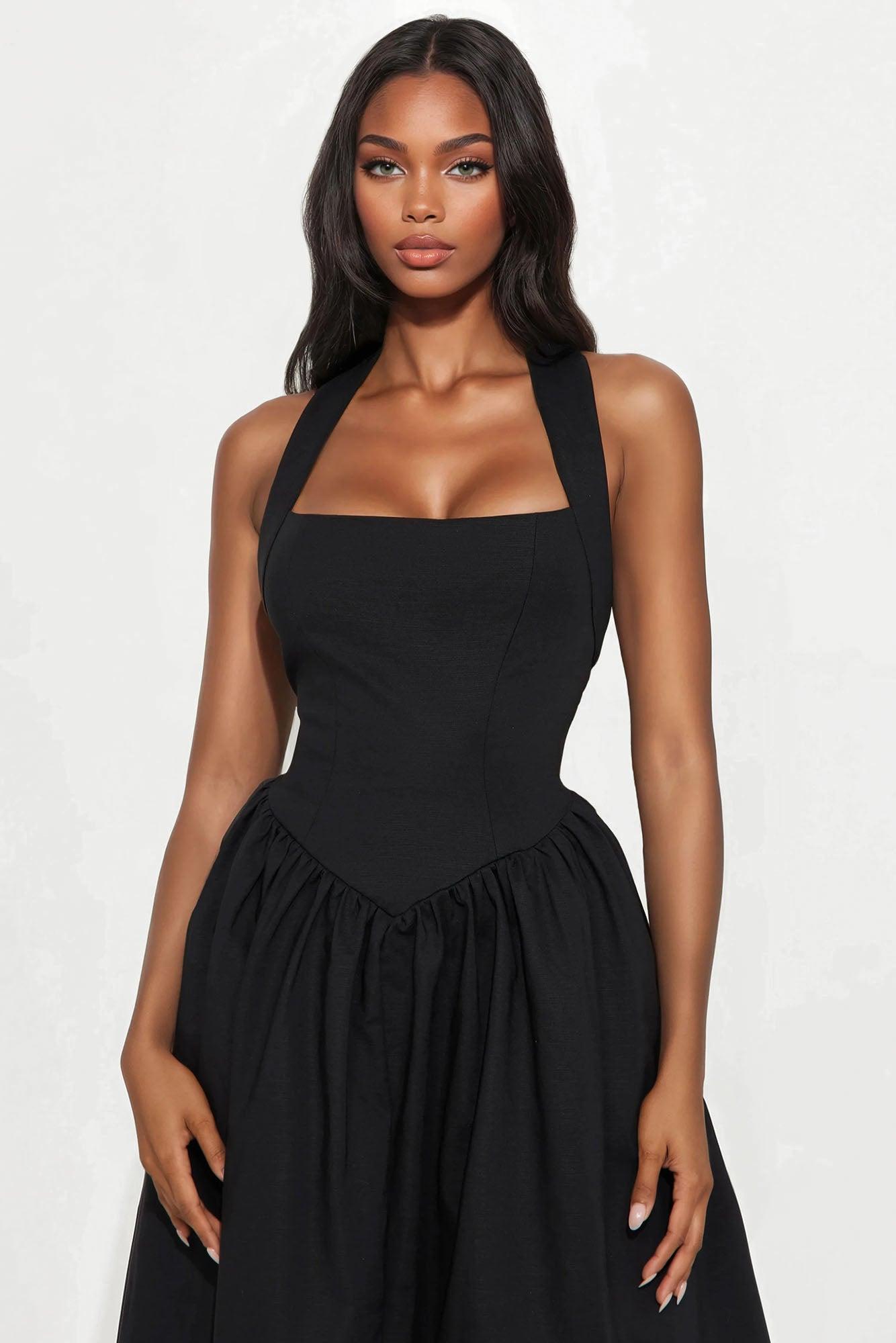 Gabrielle Drop Waist Halter Maxi Dress - Black Product Image