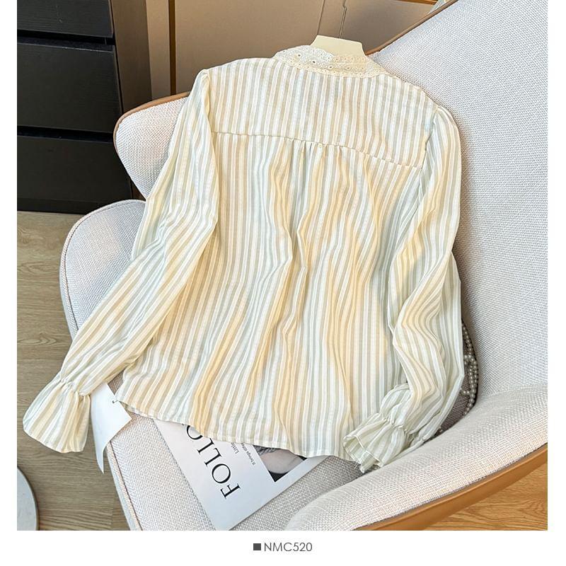 Lace-Neckline Striped Loose Shirt Product Image