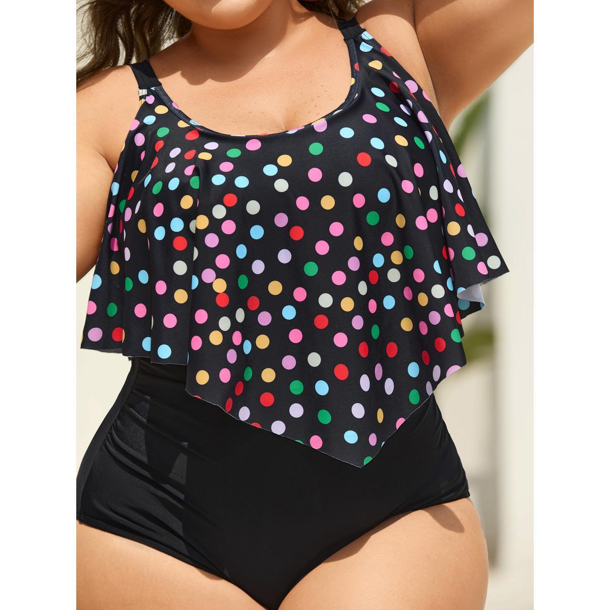 Plus Size Polka Dots Lotus Leaf Edge One-Piece Swimsuit Women's Swimwear Black Beach Gathered Curve Bathing Suits High stretch One Pieces BloomChic 12/L Product Image