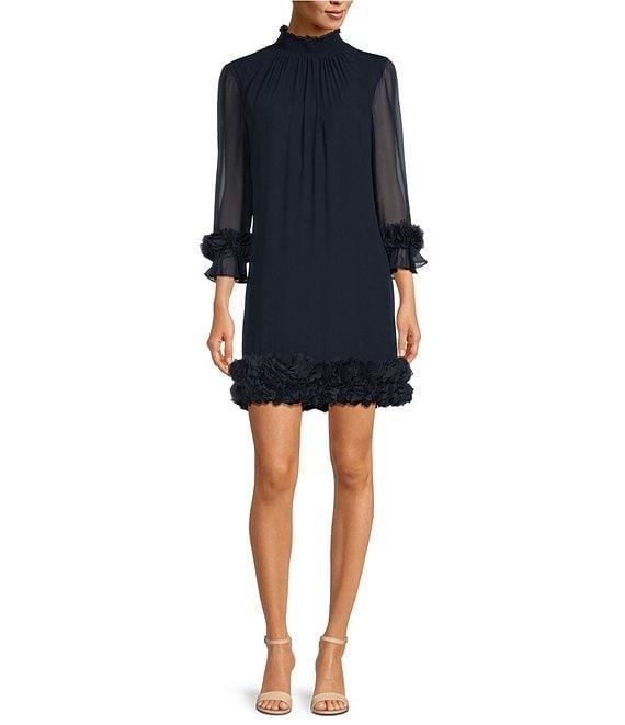 Alex Marie Amelia Smocked Turtleneck Floral Petal Detail Illusion Ruffle Trim 3/4 Sleeve Chiffon Dress Product Image