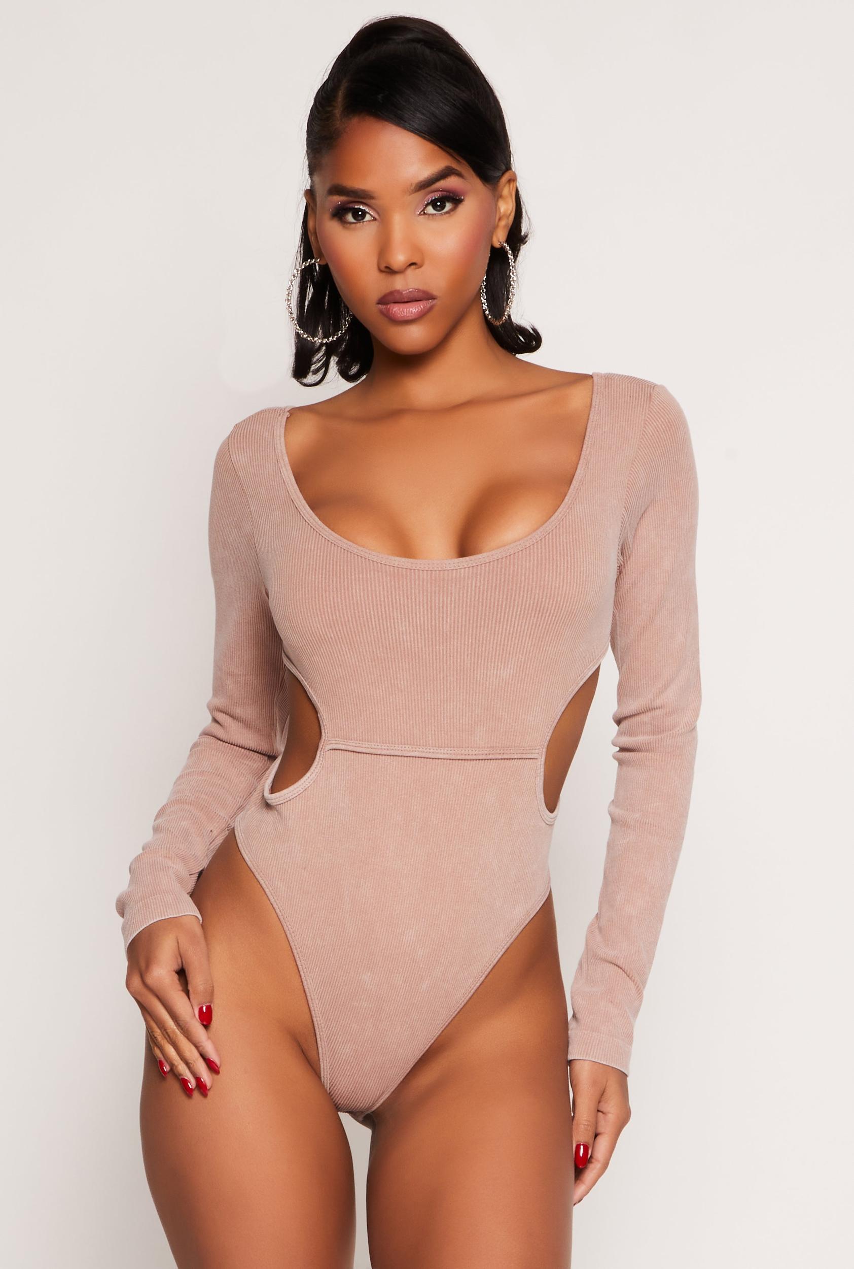 Womens Ribbed Knit Acid Wash Cut Out Bodysuit Product Image