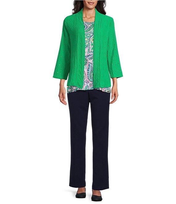 Allison Daley Petite Size Floral Eyelet Knit 3/4 Sleeve Open-Front Cardigan Product Image