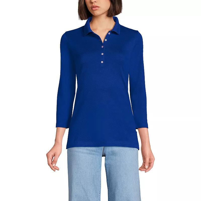 Petite Lands End Supima Cotton 3/4 Sleeve Polo Shirt, Womens Deep Blue Product Image