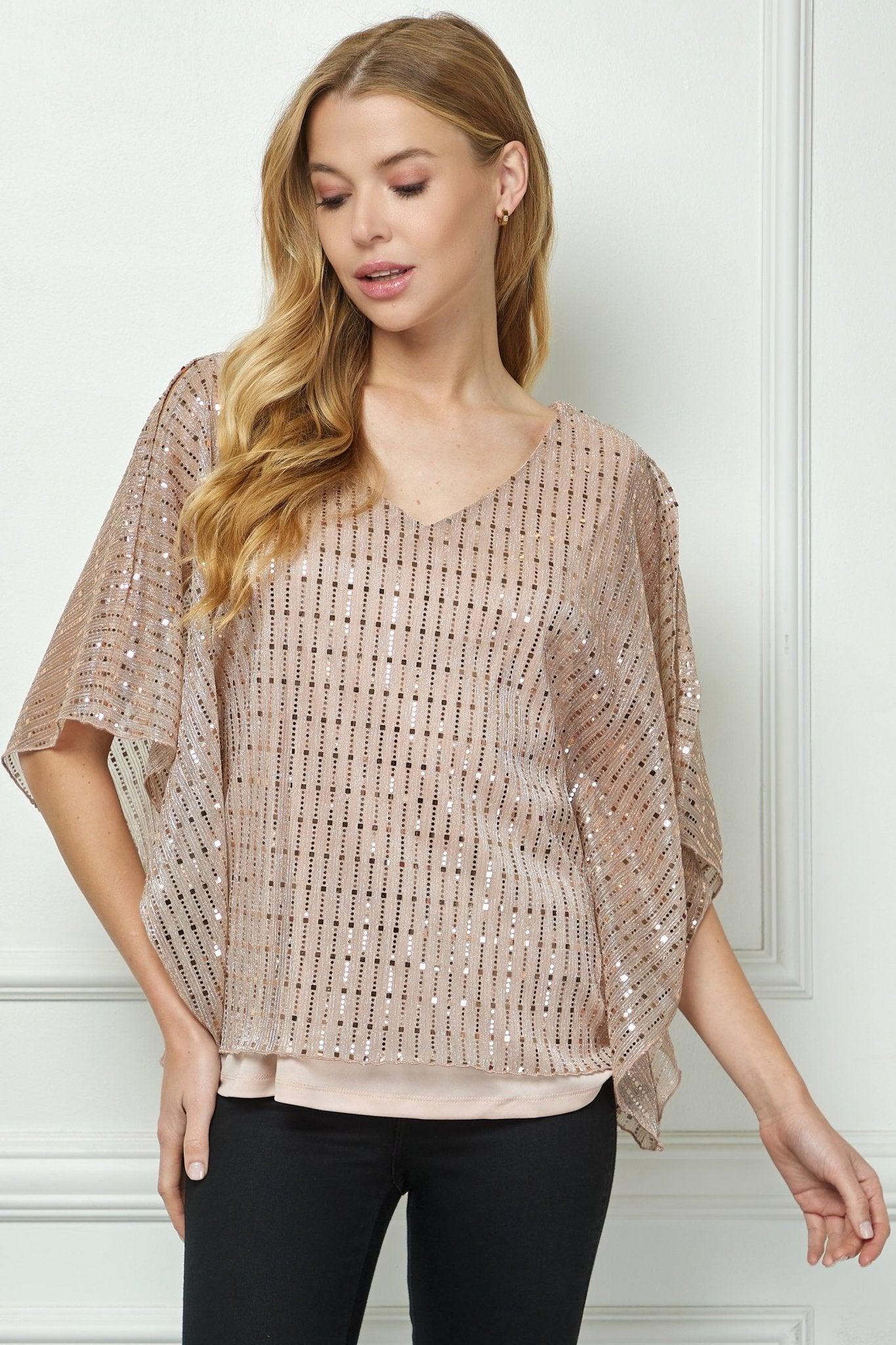 Elbow Cold Shoulder V-Neck Bar Back Poncho Blouse Product Image